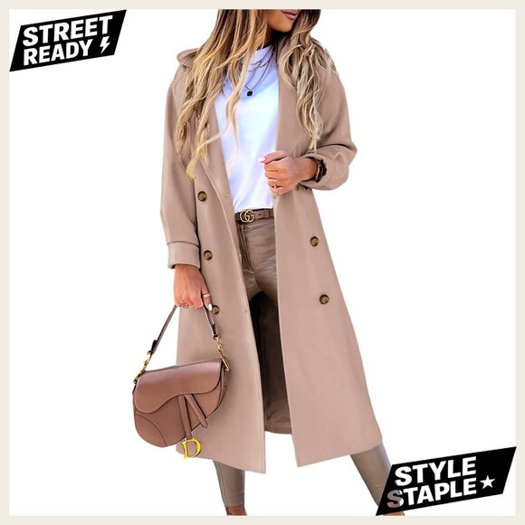Jackets & Blazers - Long Wool Blend Pea Coat Double Breasted Notched Lapel Winter Overcoat